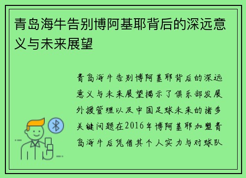 青岛海牛告别博阿基耶背后的深远意义与未来展望